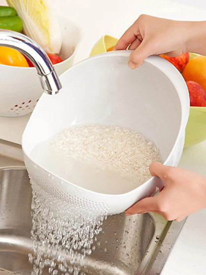 1PC-Silicone Colander Rice Bowl Drain Basket Fruit Bowl Washing Drain Basket with Handle